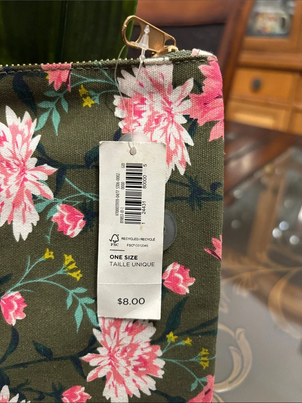 Old Navy Olive Floral Wristlet with Pink and White Blooms
